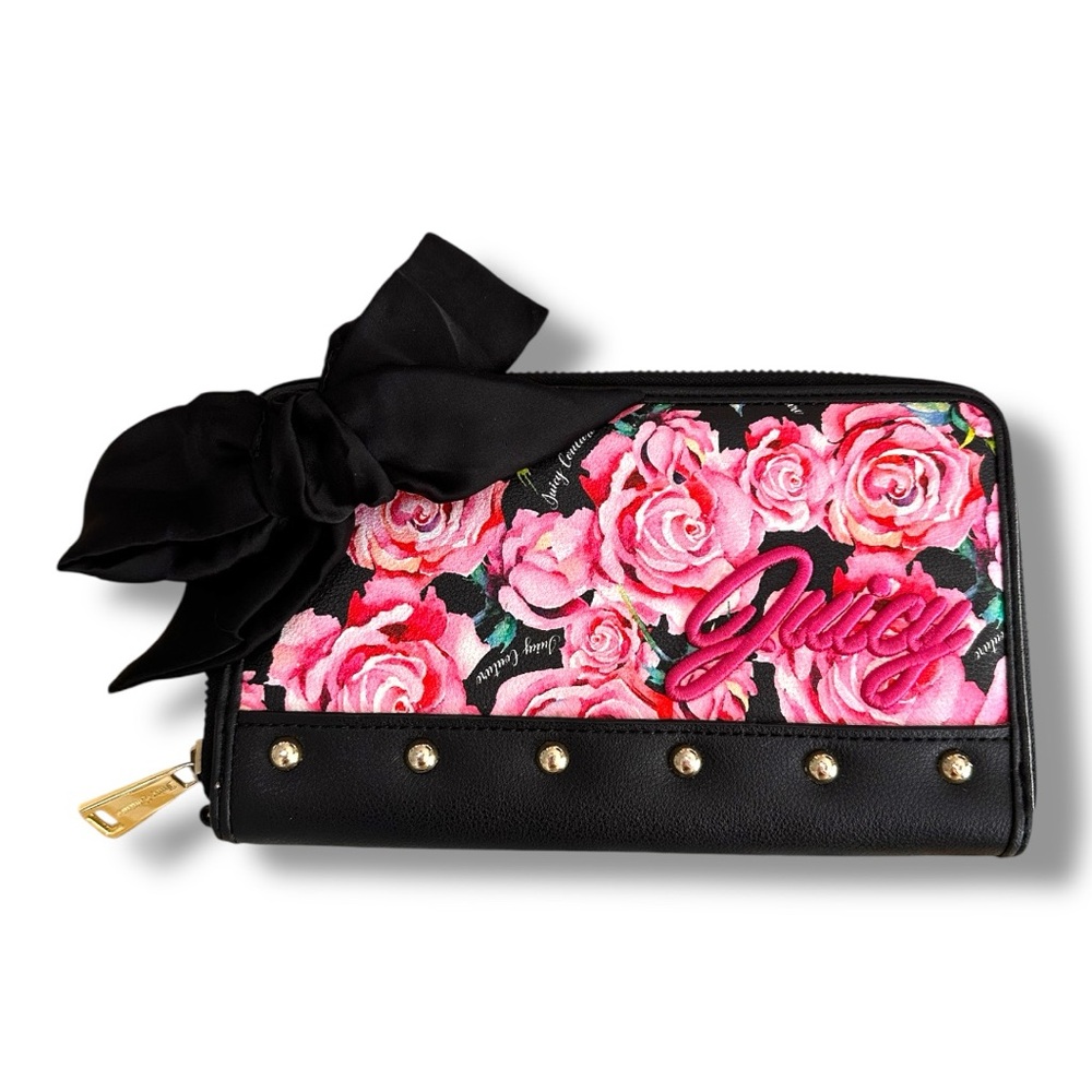Juicy Couture Pink & Black Floral Roses Zip Wallet w/ Bow Wristlet NWOT
